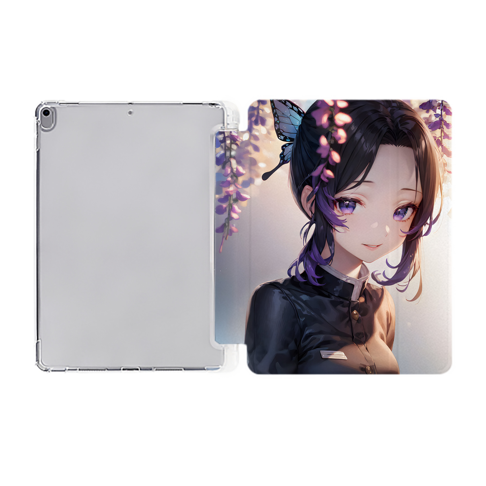 （画像用） 鬼滅の刃（きめつのやいば）蟲柱-胡蝶 しのぶ／こちょう しのぶ Kochou Shinobu IPad ケース ペン収納付き 三つ折りスタンド PUレザー×シリコン 対応機種9.5/10.5/10.9インチ